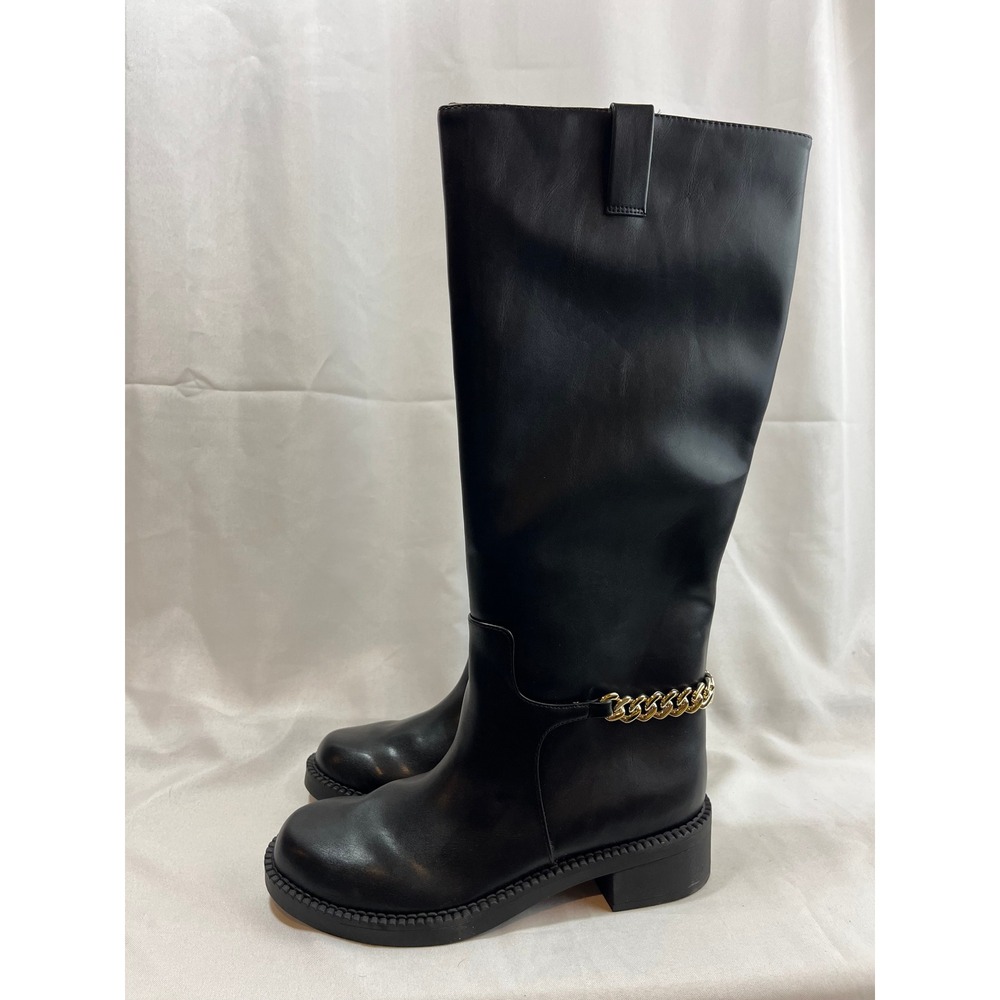 A New Day‎ Womens Tall Black Boots Gold Chain Detail Size 8 Lug Sole Side Zip